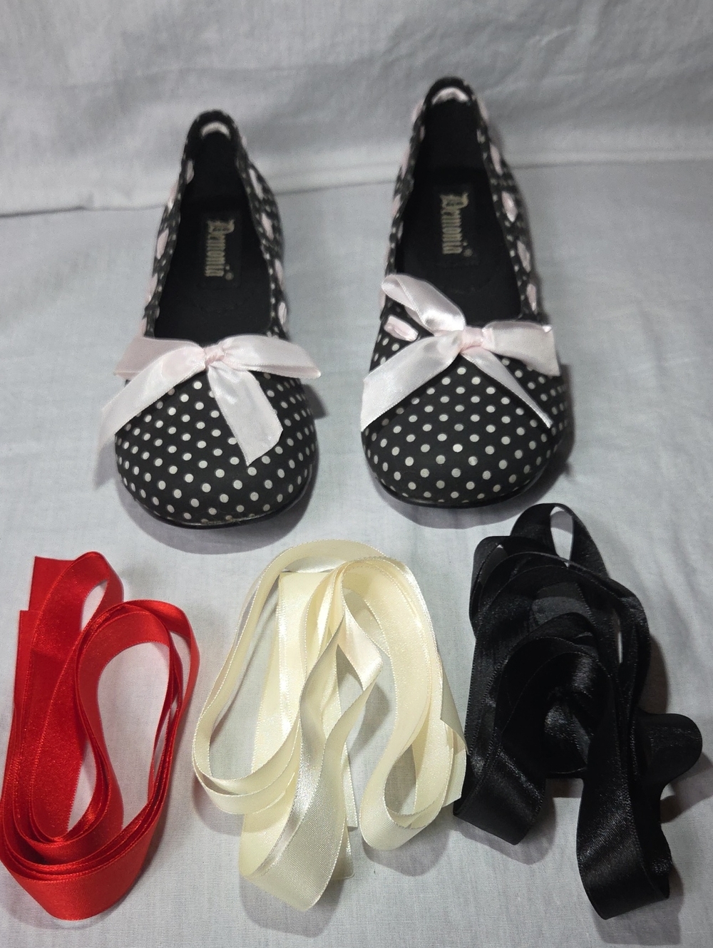 DEMONIA CULT - DAISY Black / White Polka Dots W/ 4 Multi Ribbons Bow Flats Sz 7